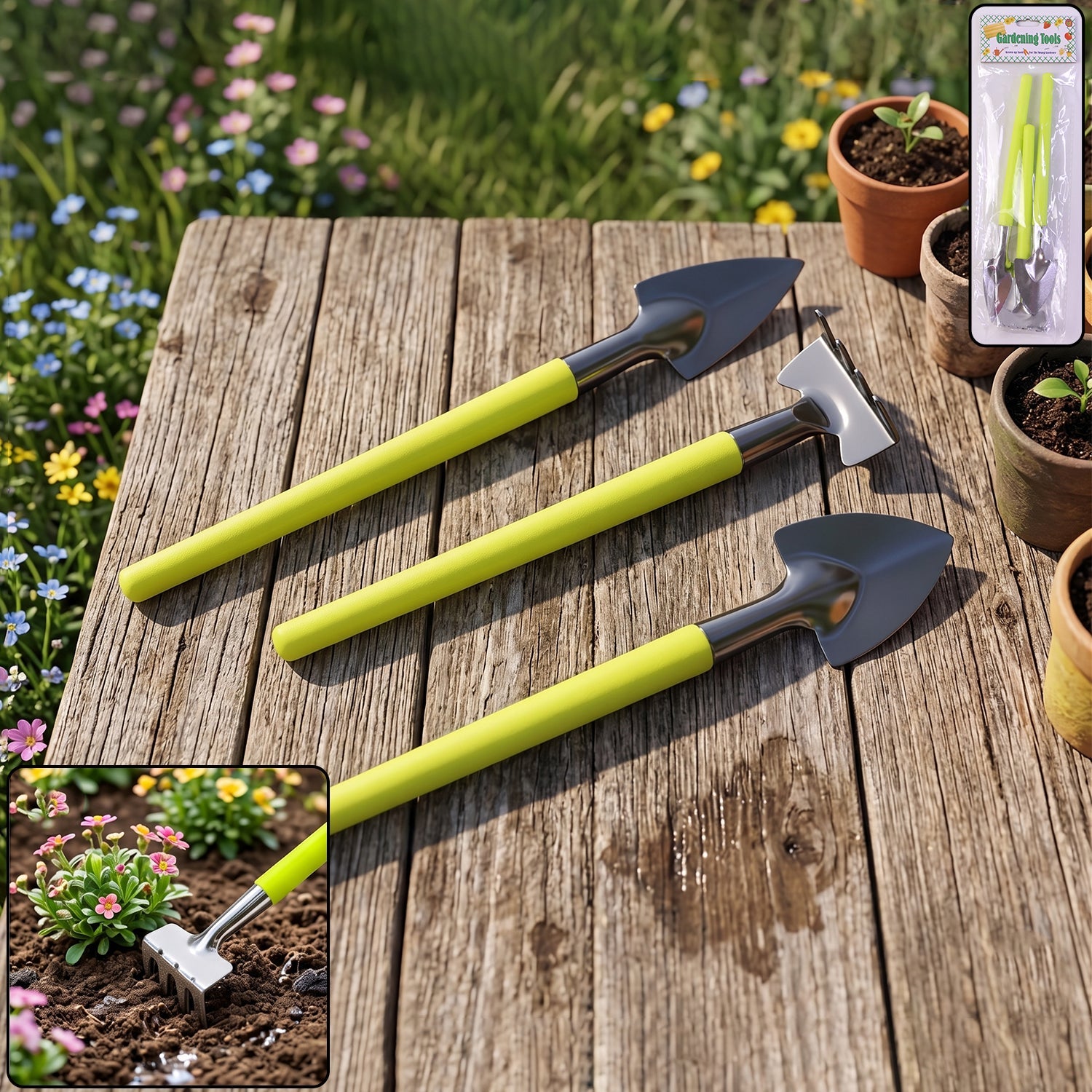 Mini gardening tool set with trowel, shovel and rake for small gardens
