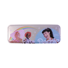 Printed metal pencil box with various stationery items inside