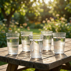 Janta glass tumblers filled with water and ice