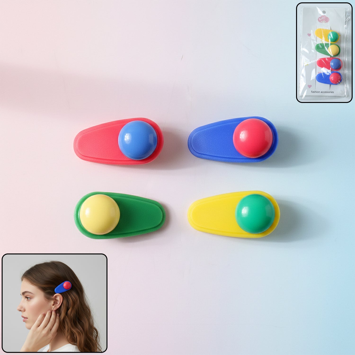 Set of 4 Decorative Snap Hair Clips with Rounded Accents
