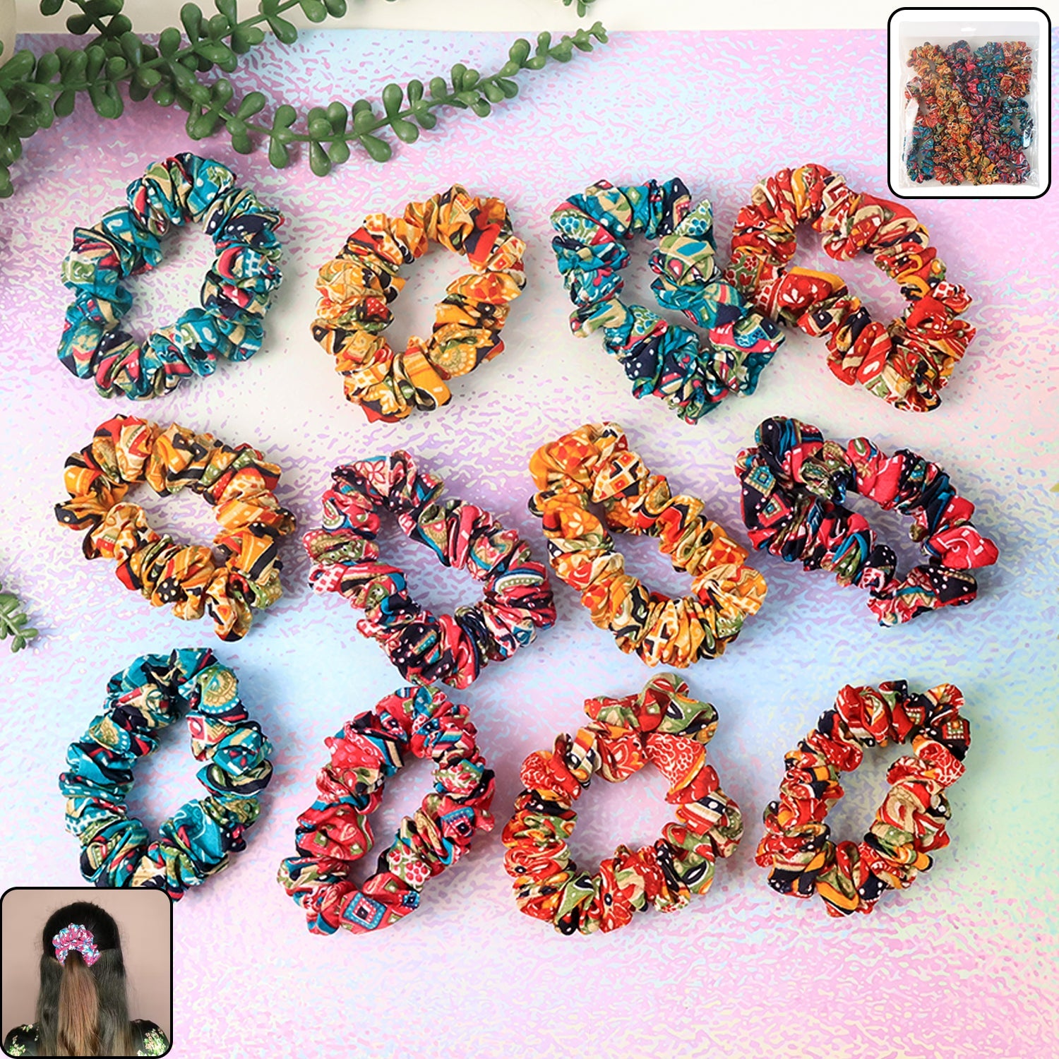 Set of 12 Printed Fabric Hair Scrunchies