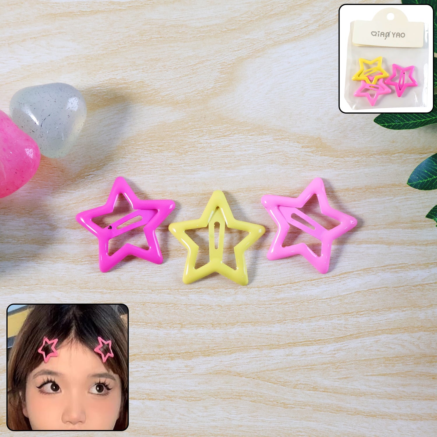 Pack of 3 star-shaped hair clips for girls in assorted colors