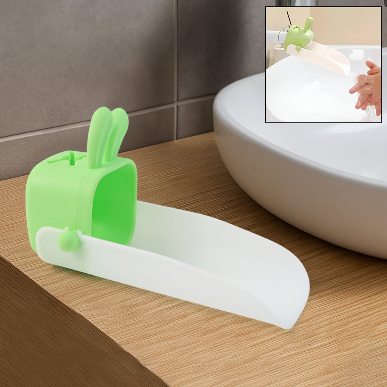 Silicone faucet handle extender in bear design attached to sink faucet