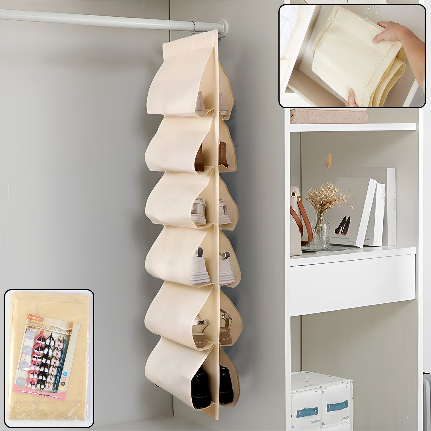 12-pocket hanging shoe storage bag multi color