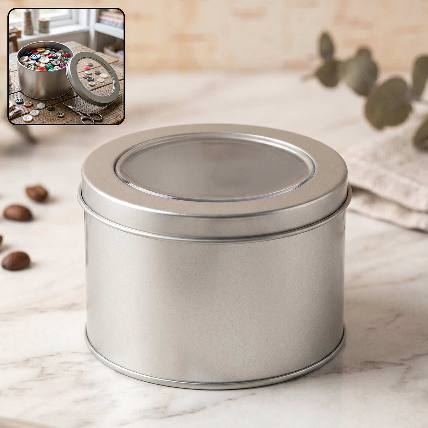 Round metal storage tin box with clear window lid, ideal for organising jewelry and gifts.