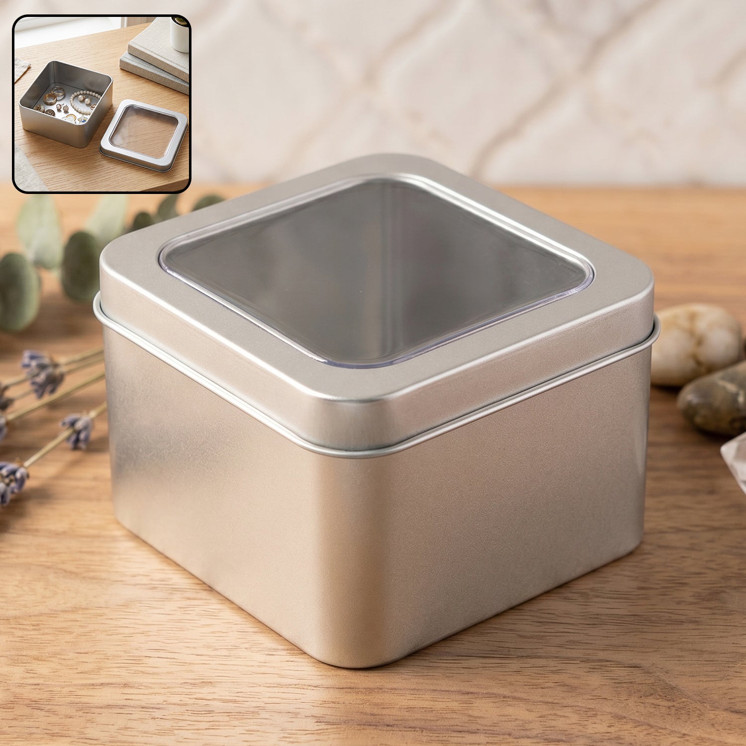 Square metal storage tin box with clear window lid for small items