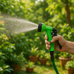 Handheld garden hose nozzle angled side view