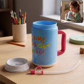 Big plastic insulated mug with straw - front view