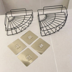 Close-up view of iron shower caddy corner design