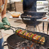 Metal barbecue grill basket with wooden handle for BBQ
