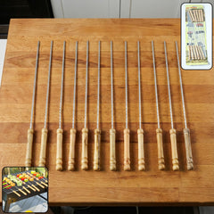 Barbecue skewers without SKU showing sharp pointed stainless steel ends and wooden handles
