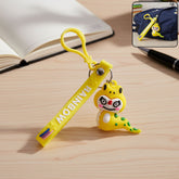 Cute cartoon dinosaur keychain with colorful rainbow strap and metal clip hook