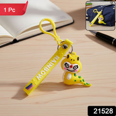 Close-up of dinosaur cartoon keychain with rainbow strap and metal ring