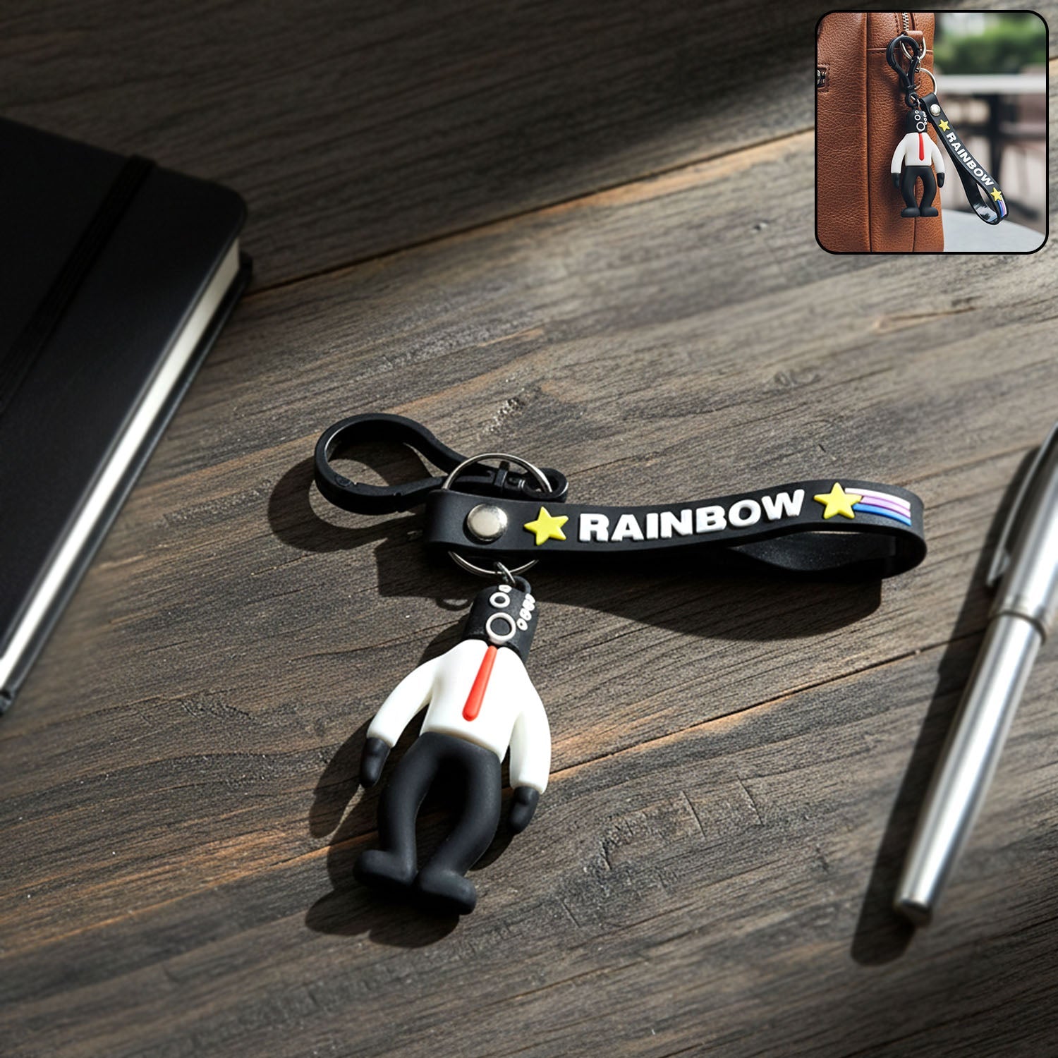 Stylish keychain with cartoon man figure and rainbow strap