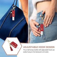 Open faux leather sanitizer holder showing clear refillable bottle