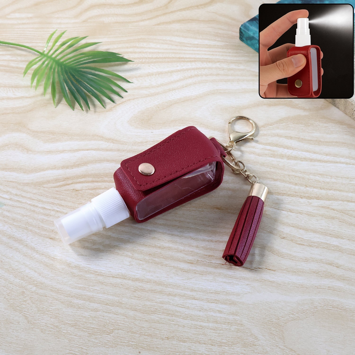 Faux leather hand sanitizer holder keychain with elegant tassel
