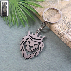 Front view of crowned lion head metal keychain