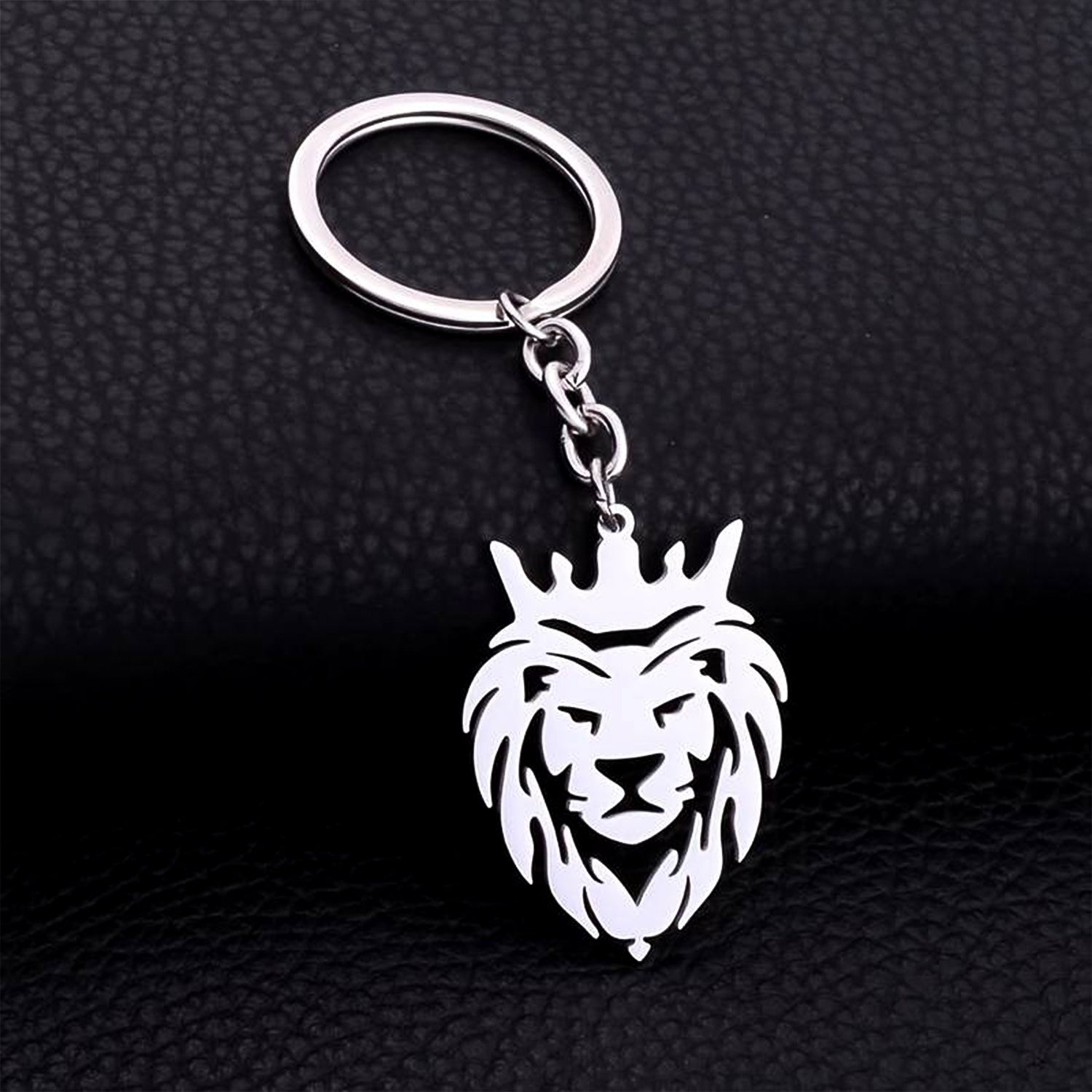 Durable stainless steel lion head keychain with crown
