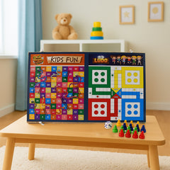 Foldable wooden board game set opened to Ludo game