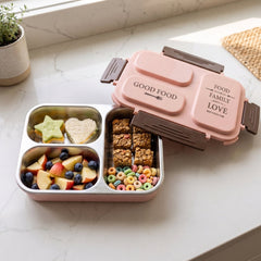 Stainless steel lunch box showing compartments