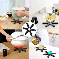 Foldable trivet holding a hot pot on a kitchen surface
