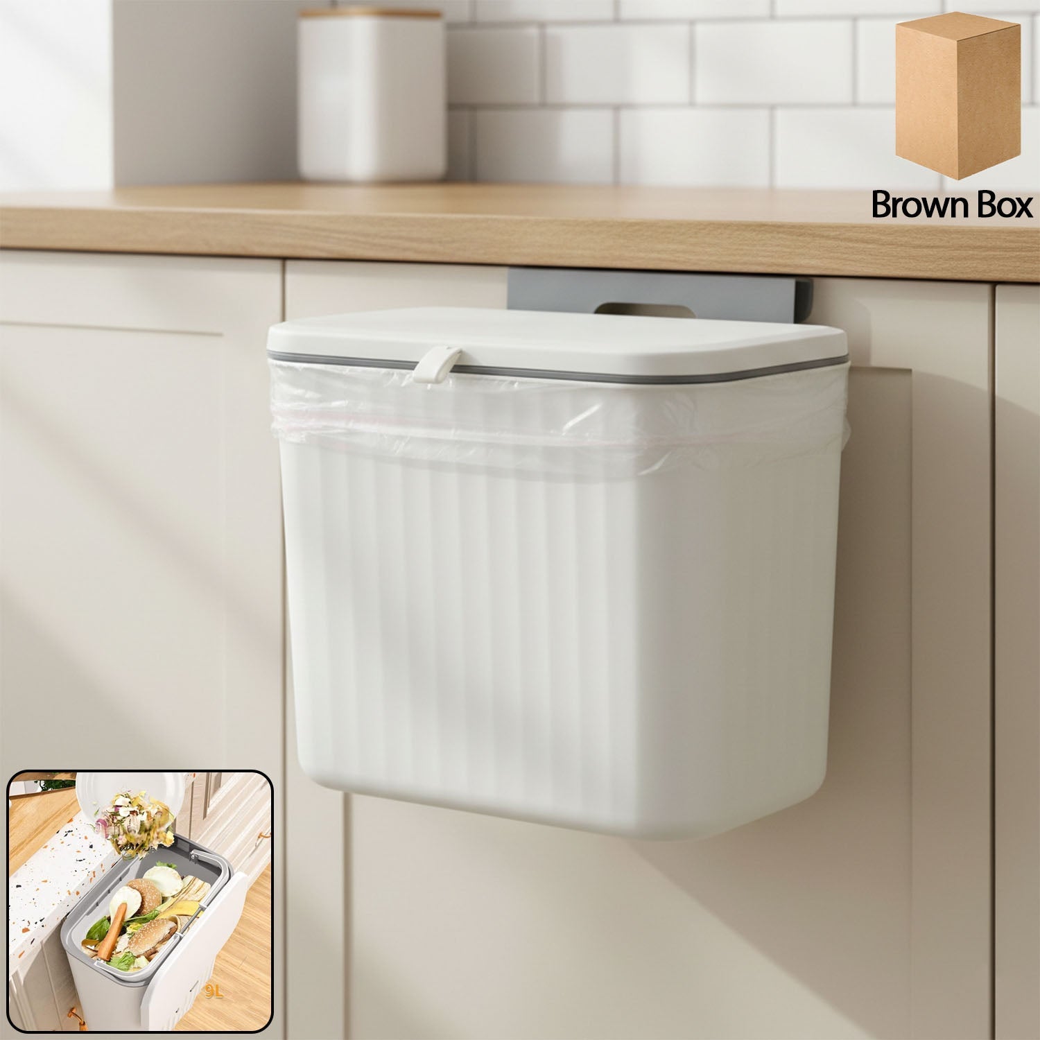 Wall mounted kitchen dustbin on cabinet