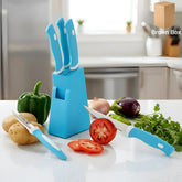 6-piece stainless steel knife and peeler set with colorful stand