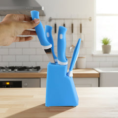 Knife set displayed in colorful plastic stand