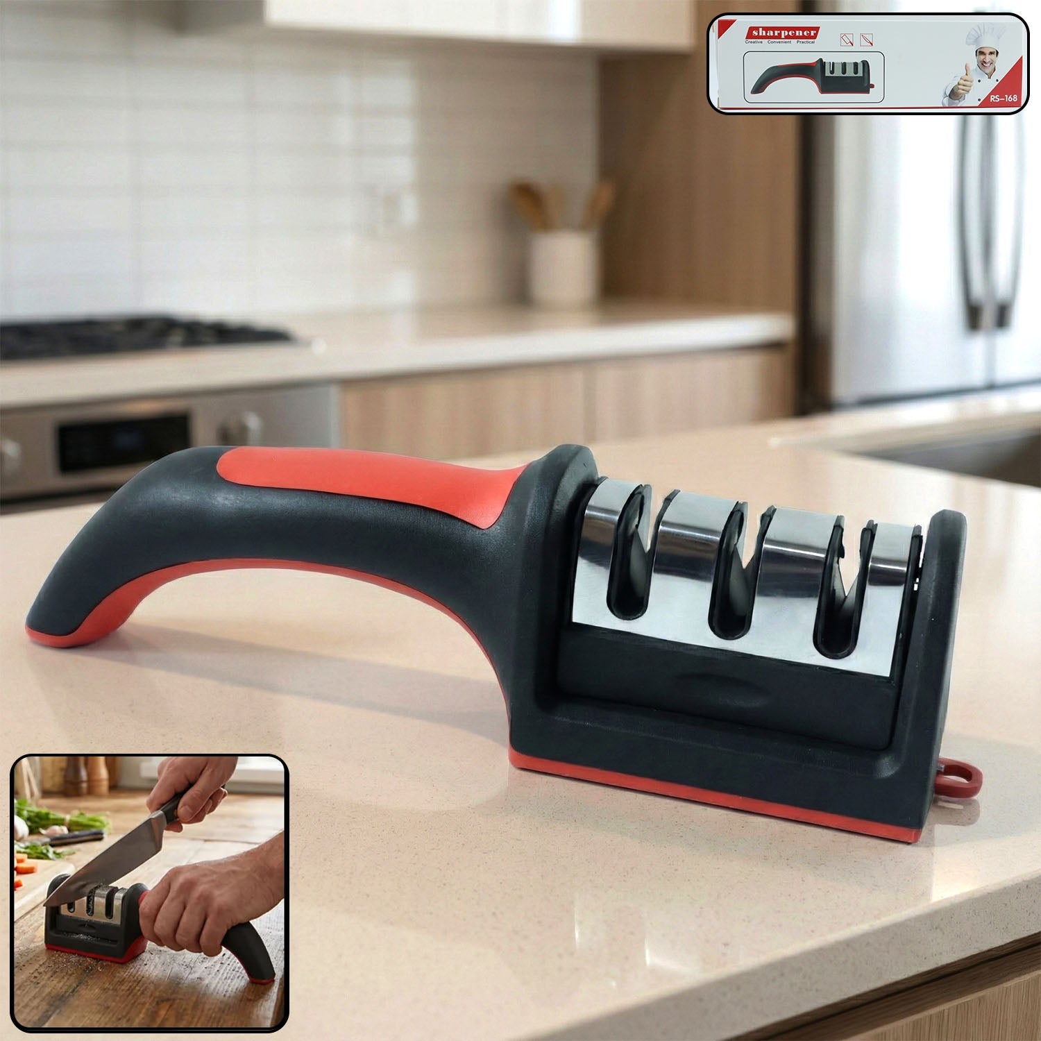 3-stage manual knife sharpener red and black front view