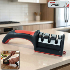 3-stage manual knife sharpener red and black front view