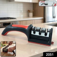 Side profile of red and black 3-stage knife sharpener