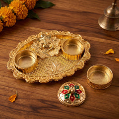 Ganesh oval kumkum holder with meenakari flower lids for pooja rituals