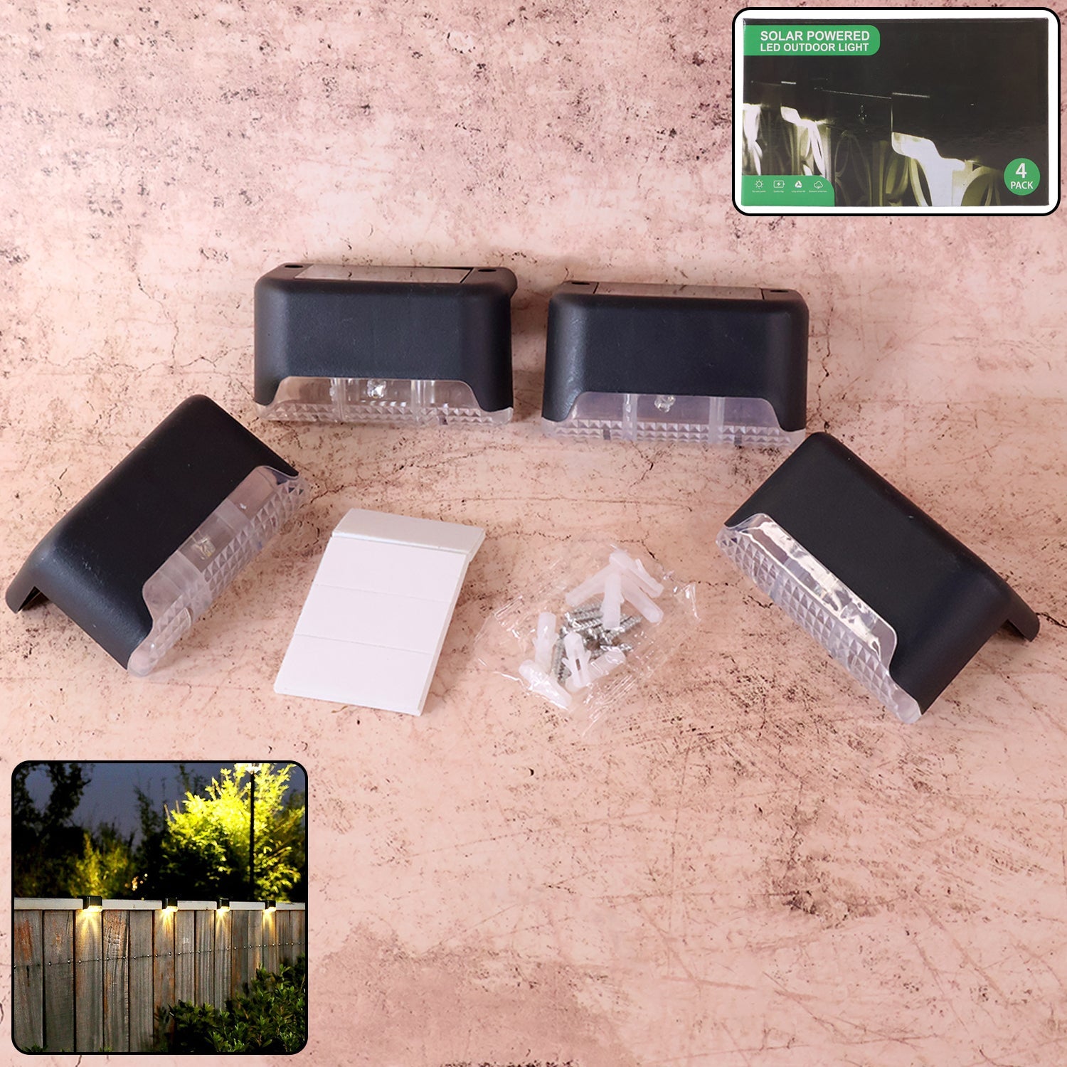 DeoDap 4-Piece Solar Waterproof Garden Stair Railing Lights - main product shot