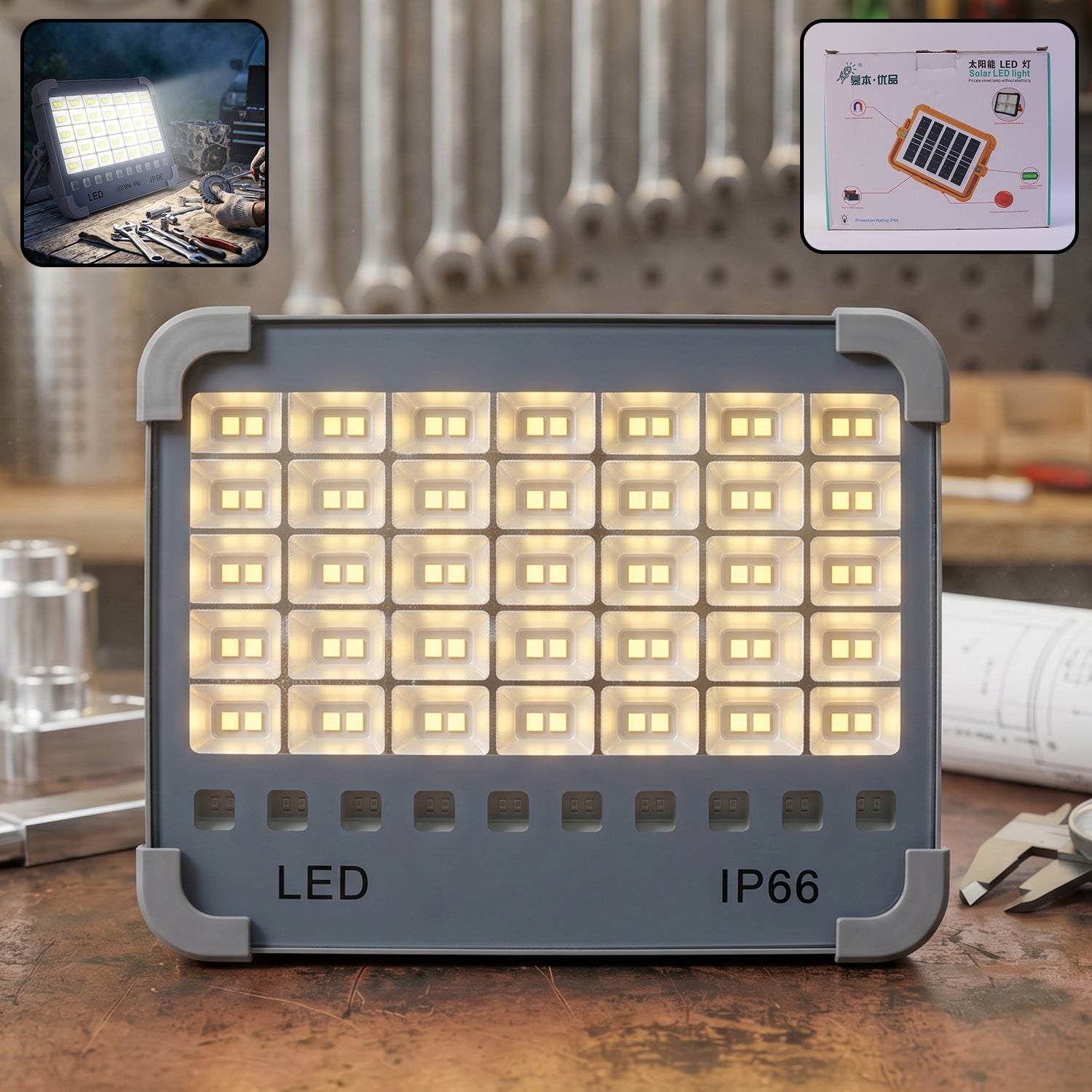 Solar USB rechargeable outdoor LED flood light with stand and magnetic back for versatile mounting