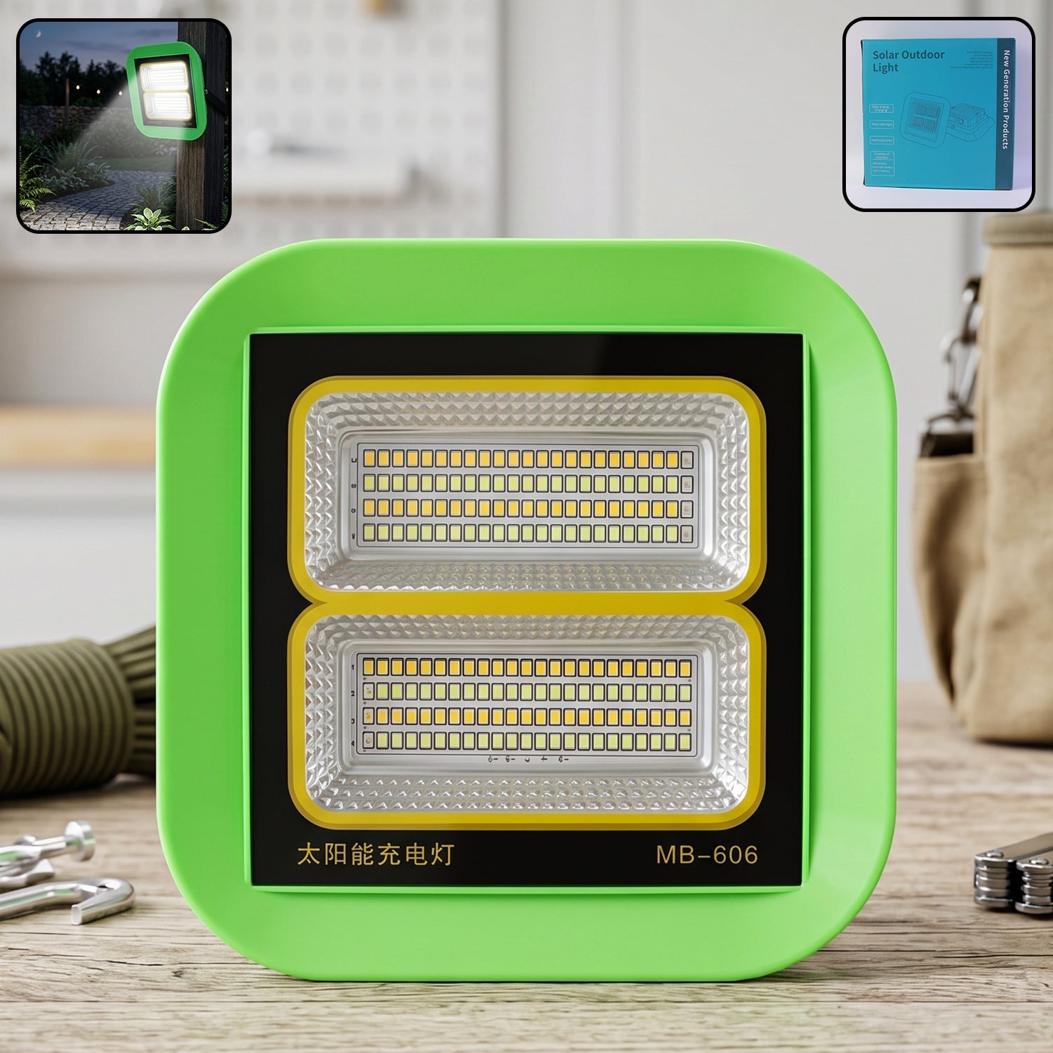 Solar rechargeable LED outdoor flood light with mounting bracket and handle