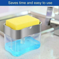 Hand pressing sponge on soap dispenser pump to release soap