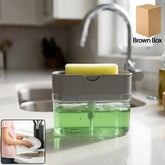 Liquid soap dispenser with integrated sponge holder on kitchen countertop