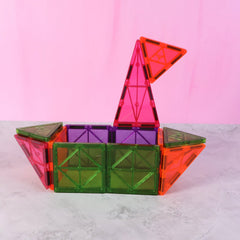 Close up of magnetic building blocks connected