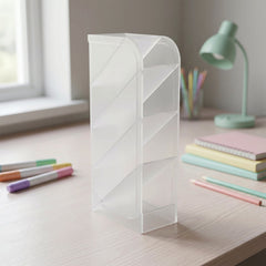 Plastic desk organizer holding office supplies