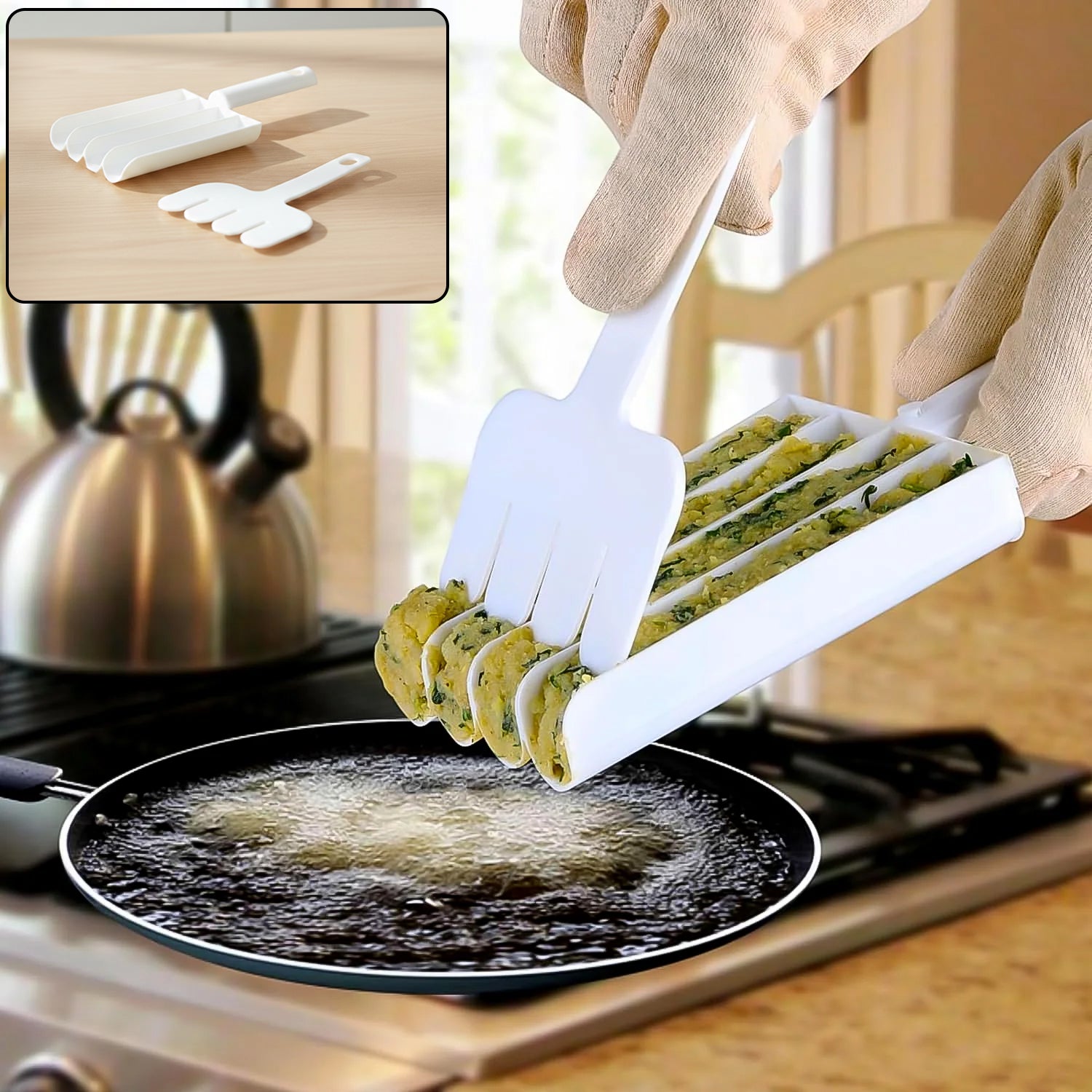 Manual Food Slicing and Frying Press Tool in use