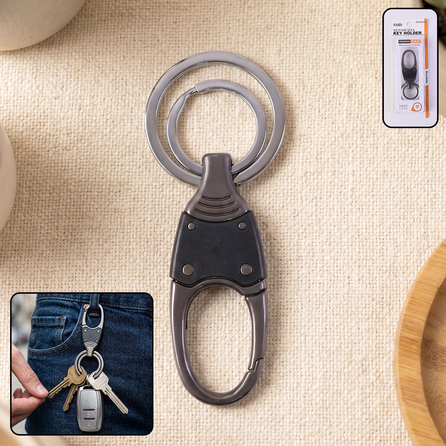 Close-up of premium dual ring metal key holder with rotating swivel