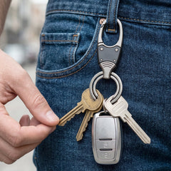 Side view of dual ring metal key holder showing secure clip