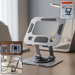 Foldable metal phone and tablet stand on desk