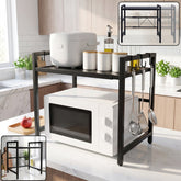 Adjustable microwave oven storage rack metal kitchen shelf with hooks