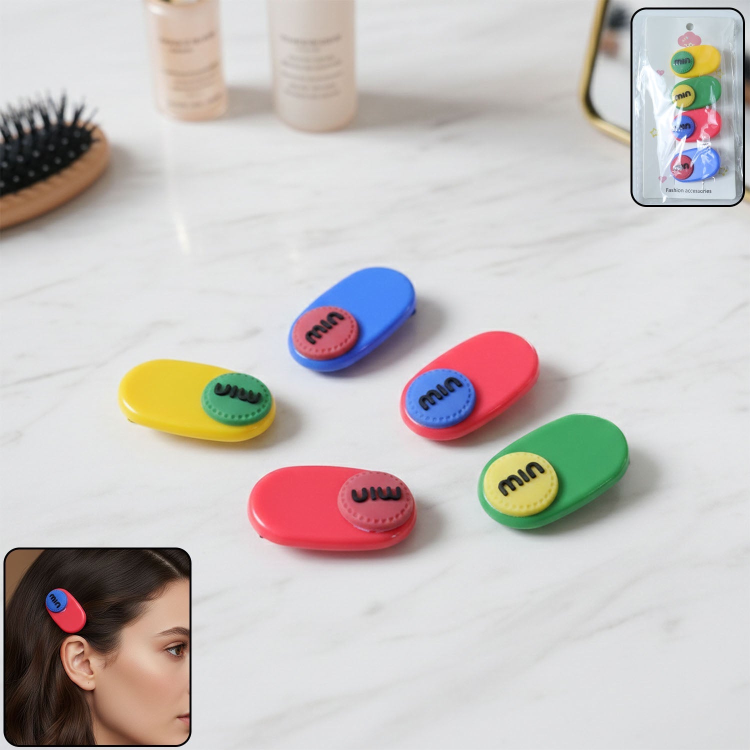 Set of 4 decorative hair clips with text accents