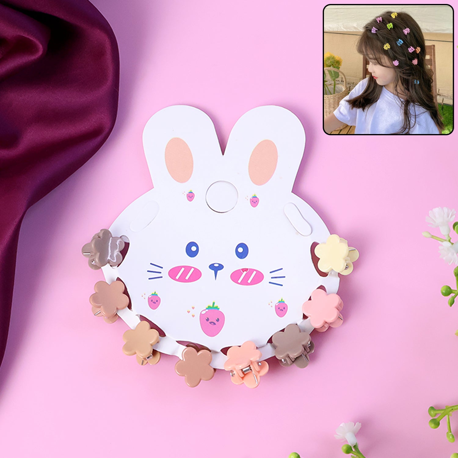Kids mix-shaped mini hair claw clip set in pastel colors on white background