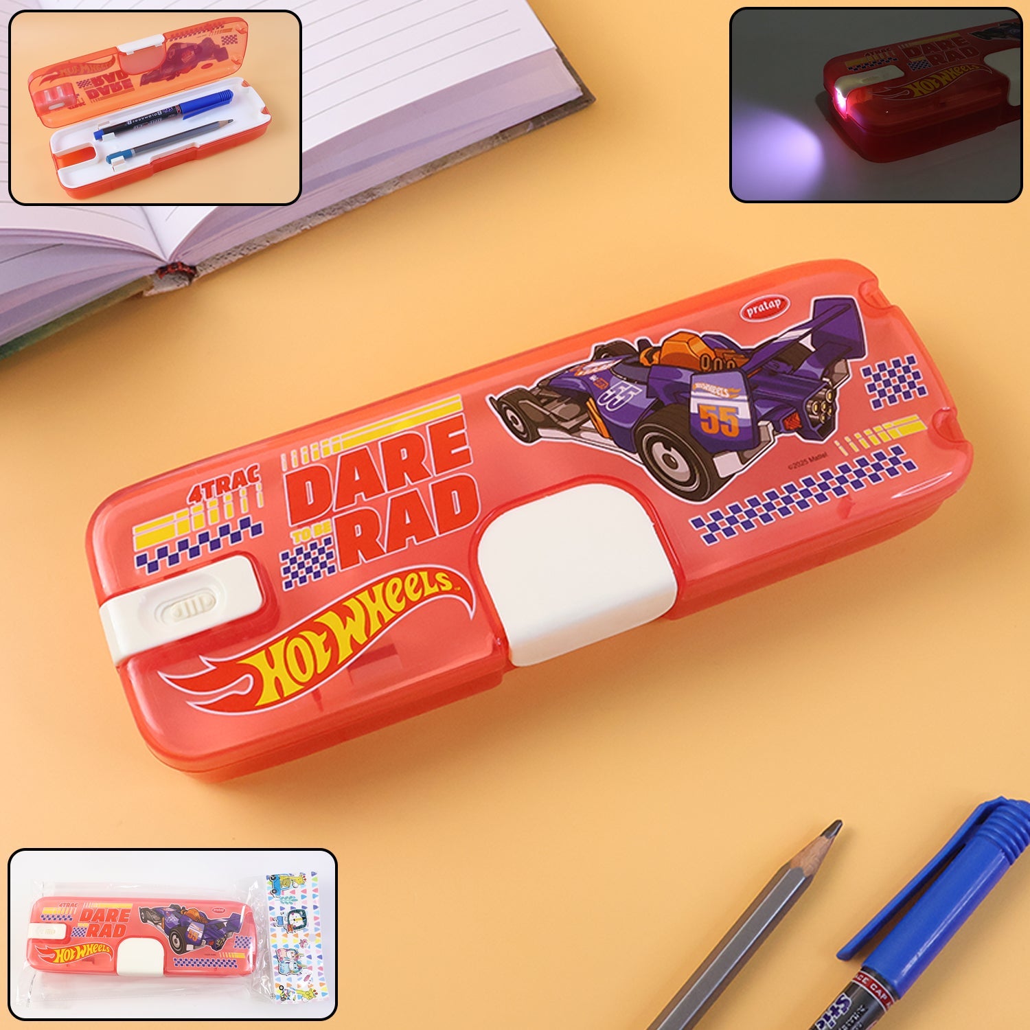 Plastic Pencil Box with LED Light and Cartoon Print front view