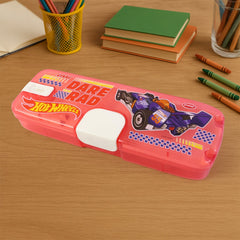Side view of plastic pencil box with cartoon design