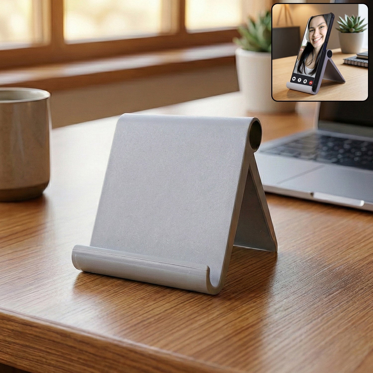 Foldable plastic desktop mobile stand on a desk