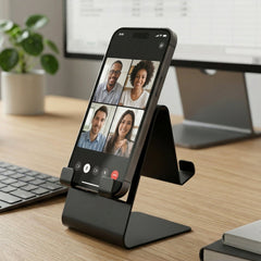 Black metal mobile stand, front view, folded